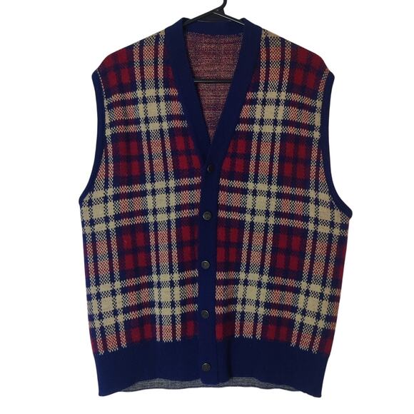 Vtg Tartan Plaid Wool Blend Grandpa Sweater Vest Large Academia Latin Button - Picture 1 of 8